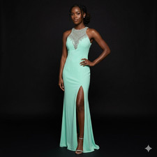 PROM Dress NWT Seafoam Green Color Fitted Sequin & Crystals Leg Slit size 10