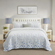 100 Cotton Queen Quilt Set, Farmhouse Floral Queen Quilted Bedspread, White Blu