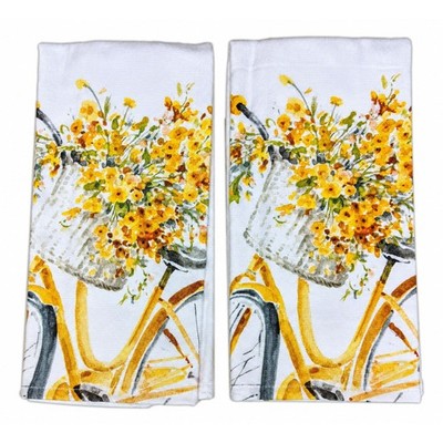 Set of 2 Sweet Home YELLOW BIKE Floral Terry Kitchen Towels by Kay Dee Designs