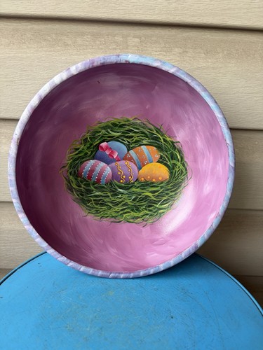 Easter Eggs Nest Whimsy Spring Folk Art Hand Painted Wood Bowl 10" Signed