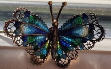 Silver 800 Brooch, Butterfly, Green and Blue Colours, Vintage.