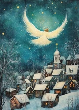 Print ACEO Art Card Christmas Tree Angel Fly Sky Village Winter Limited Edition