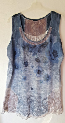 Tredy 48, Top blau/beige, Spitze,Pailetten,Blumenmuster, gebraucht