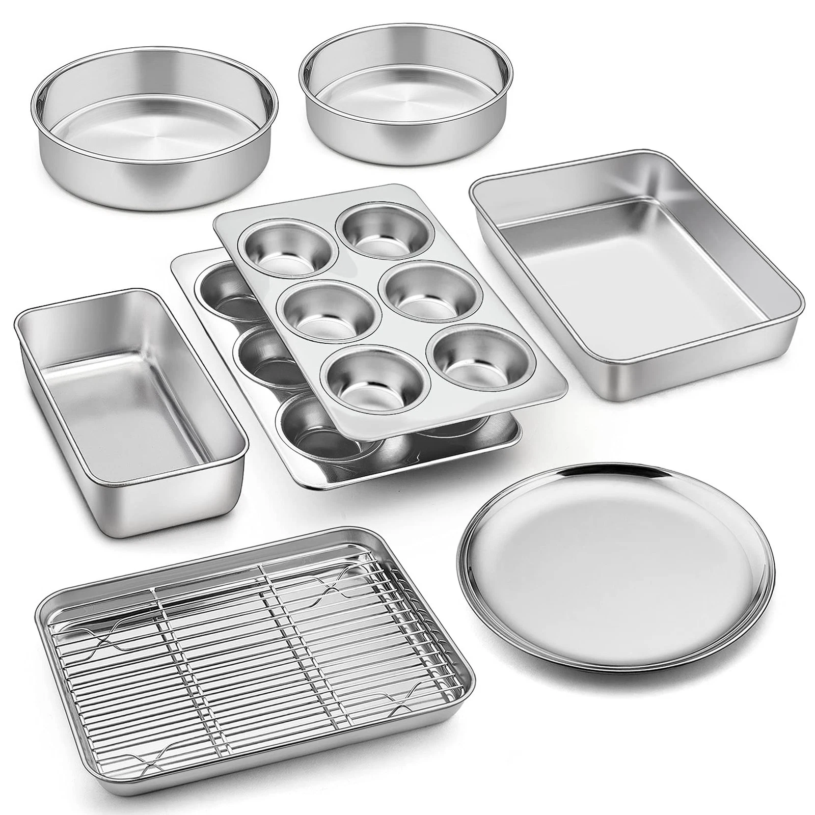 9 Pcs Bakeware Set, P&P CHEF Stainless Steel Kitchen 9-Pieces, Silver