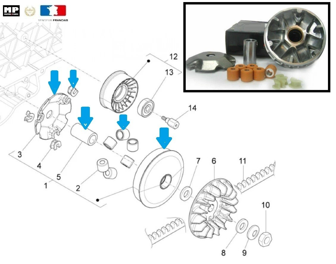 Variateur complet type origine pour scooter Piaggio X7 X8 X9 et MP3 125cc