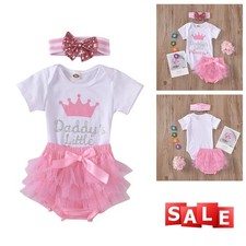 Newborn Kid Girls 3PCS Outfit Set Letter Romper Tutu Skirt Headband Party Daily