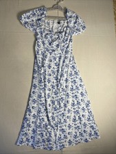 SHEIN Blue Floral Midi Dress Square Neck, Puff Sleeve, Side Slit Size M Feminine