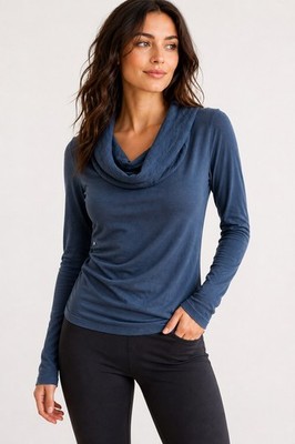 DEHA Italy Cowl Neck Top Womens L Blue Draped Long Sleeve Stretch Athleisure 