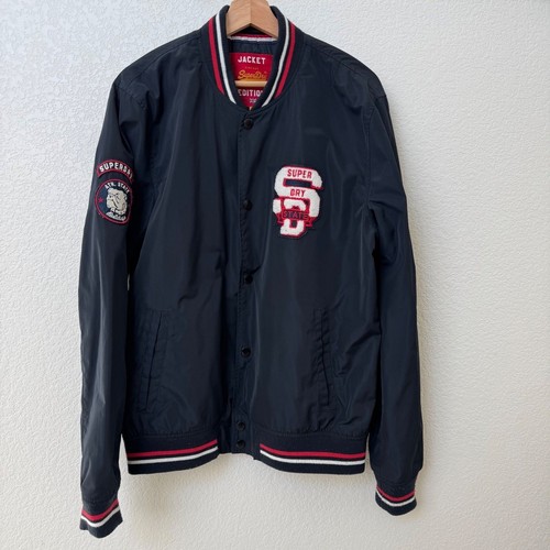 Superdry Varsity Bomber Jacket Mens XL Navy Blue M50601TPS Chenille Patch