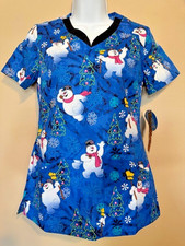 Tooniforms Frosty The Snowman Christmas V-Neck Print Scrub Top