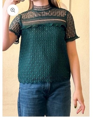 NWT ZARA  Green Lace Blouse Size XL Sheer Front & Hem 