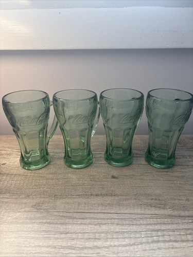 Coca Cola Mug Coke Glasses With Handle Libbey 14oz Heavy Green set of 4 PG5L7