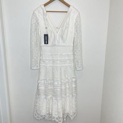 Tadashi Shoji Long Sleeve V Neck Wedding Dress Bridal Ivory White Womens 8  Lace | eBay