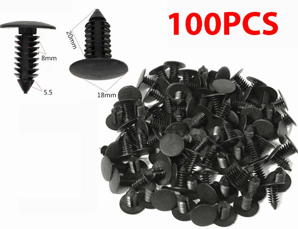 100-Pack 8mm Black Nylon Car Bumper Clips & Push Rivets - Universal Fastener Kit