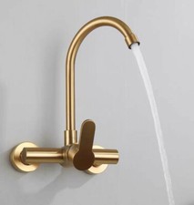 Brushed Gold Wall Mounted Kitchen Faucet Single Handle Hot Cold Mixer Tap SUS304