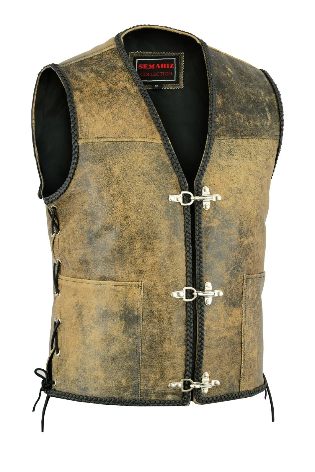 Men Brown Distressed Leather Fish Hook Buckle Side Lace Motorcycle Vest Biker