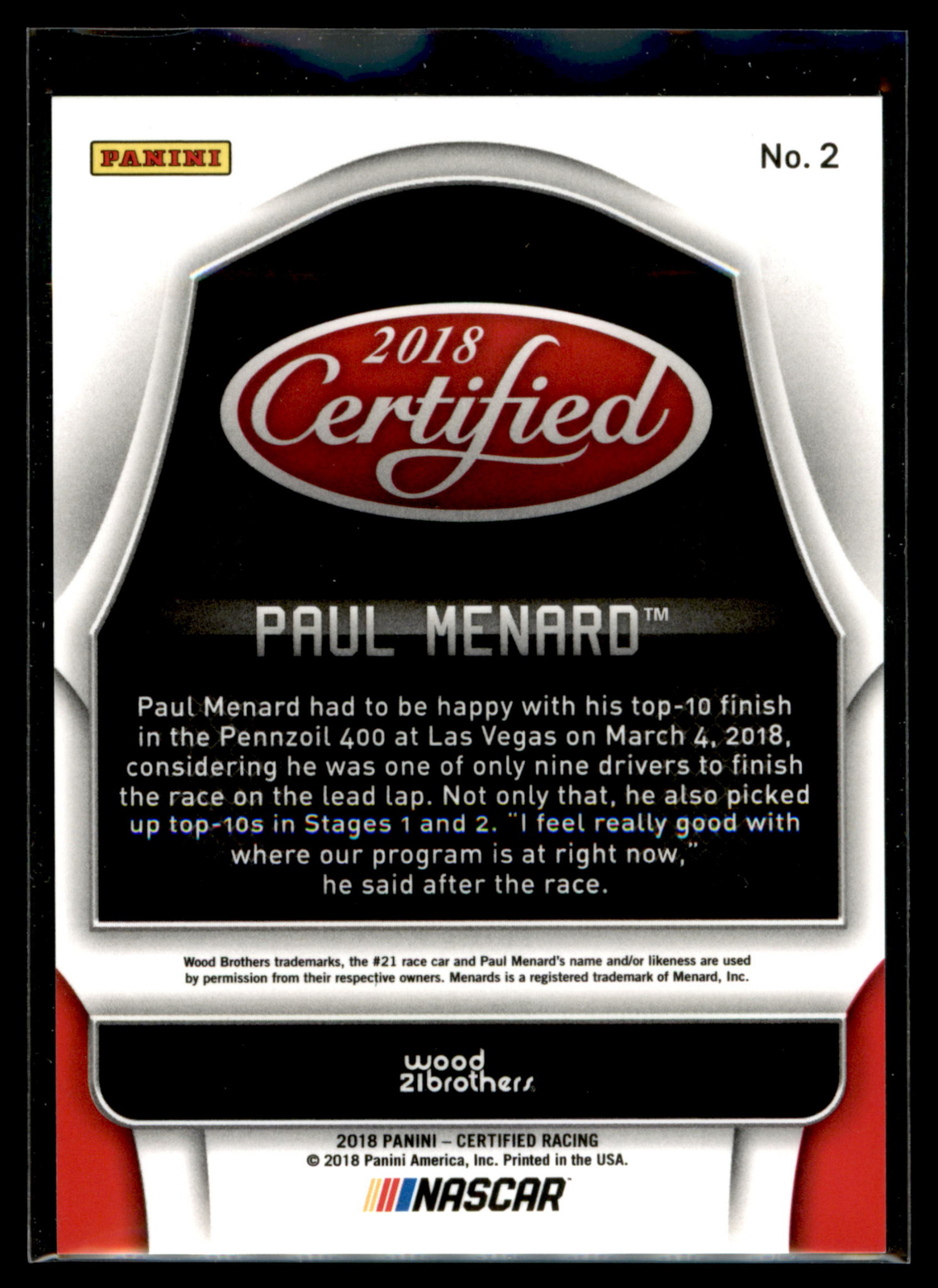 2018 Panini Certified Mirror Gold 2 Paul Menard /25 for sale online eBay