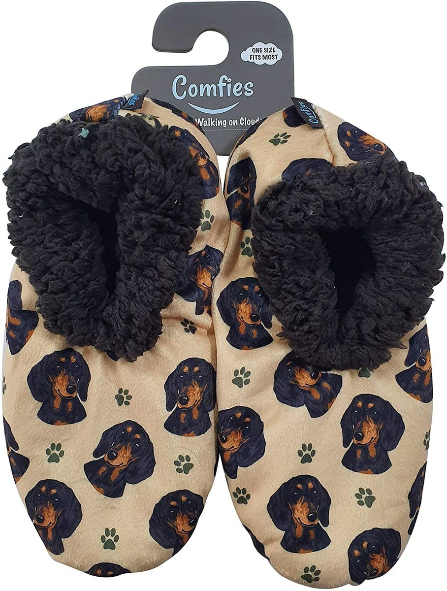 Comfies Womens Black Dachshund Dog Slippers Sherpa Lined Animal Print  Booties - Main Image