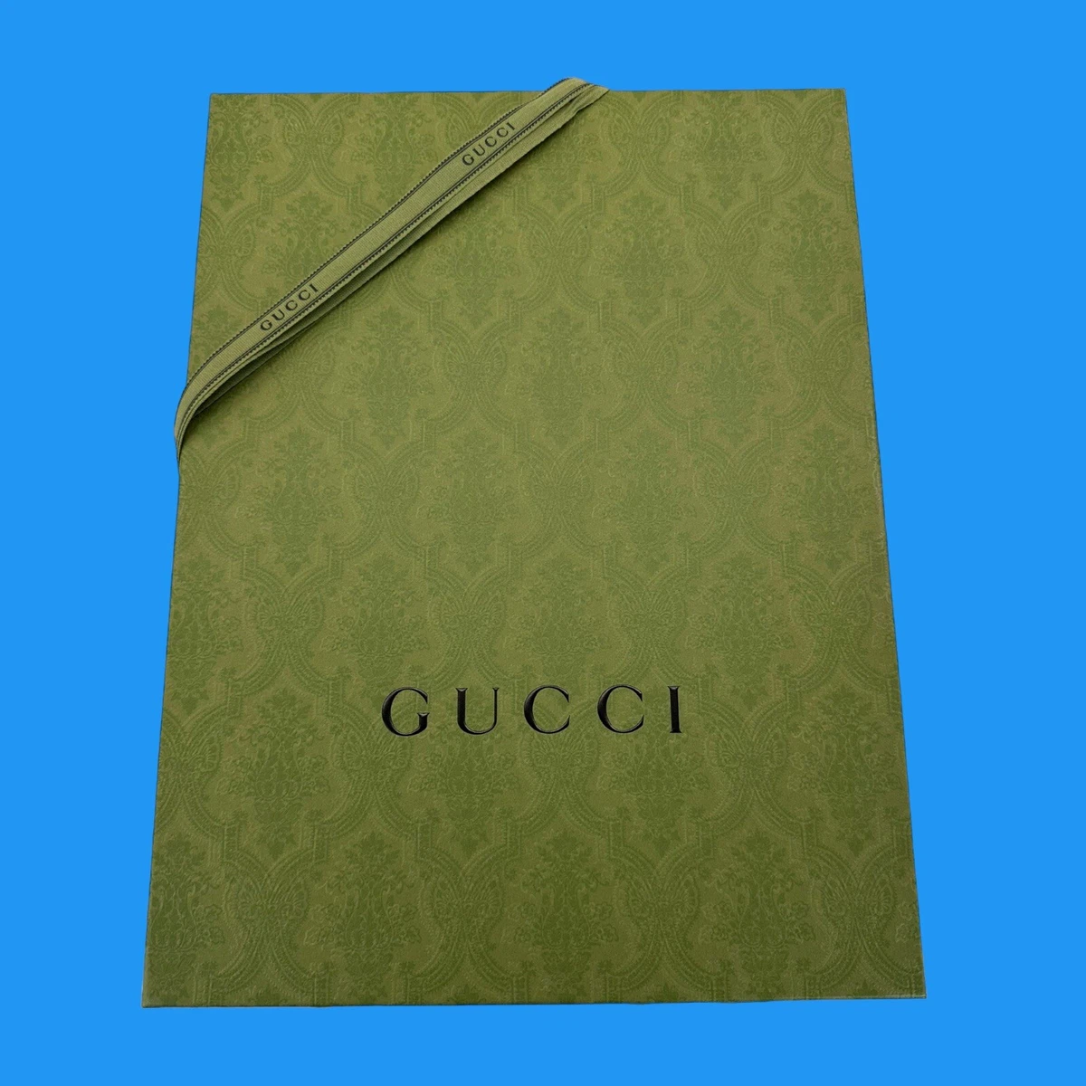 Authentic Gucci Empty Gift Storage Box w Ribbon Slip Tag & Tissue 12”x16”x2”