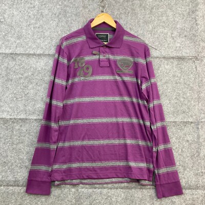 NEW Esprit Polo Shirt Mens L Large Purple Striped Long Sleeve Collared 17418