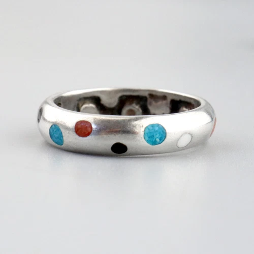 Vintage Little Polkadot Ring Sterlign Silver Turquoise Coral Inlay Size 6 Pinky