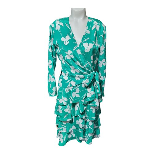 Vintage Blumen grün Kleid Faux Wickel Cross Over Stufen Rüschen seitliche Schleife gefüttert S