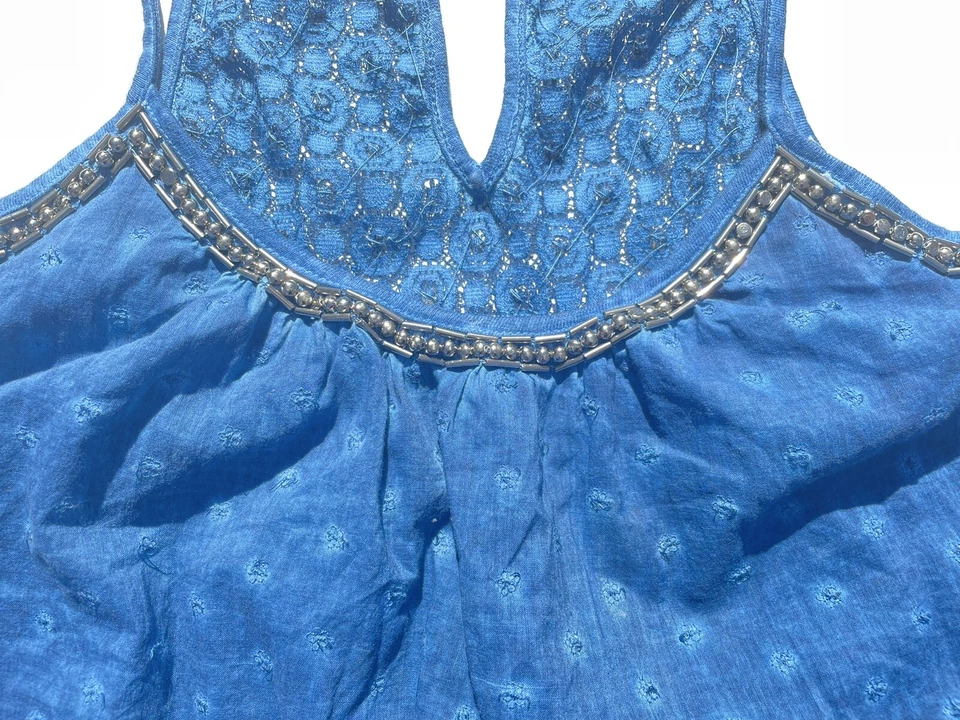 American Rag sleeveless Shirt Size S Indigo Embroidered Beaded Spaghetti Strap - Image 3 of 4