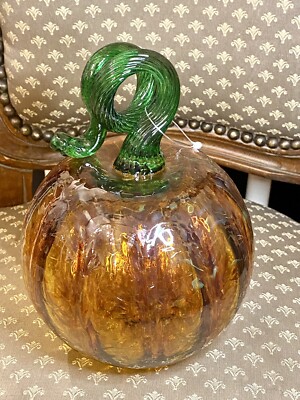 Hand Blown Artisian Made Art Glass Pumpkin with Curly Stem NEW
