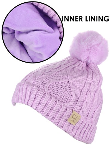 C.C Kids' Cable Knit Soft Single or Double Pom Fuzzy Lined Cuff CC Beanie - Picture 62 of 87