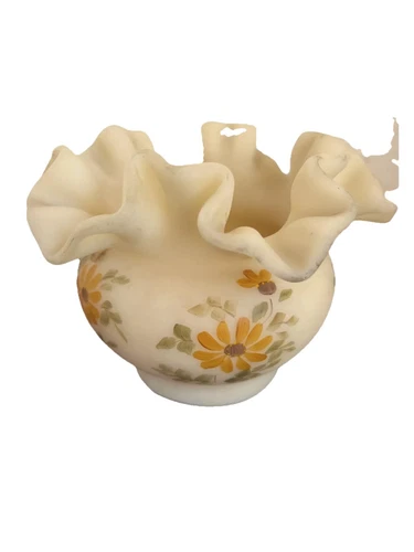 VTG Fenton Ruffled Custard Satin Glass Vase Hand Painted Flowers Signed
