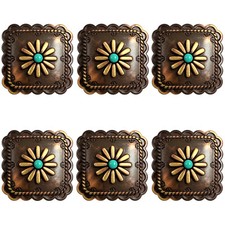 Set of 6 Square Conchos Southwestern Antique Brass Rope Edge Concho Screw Back