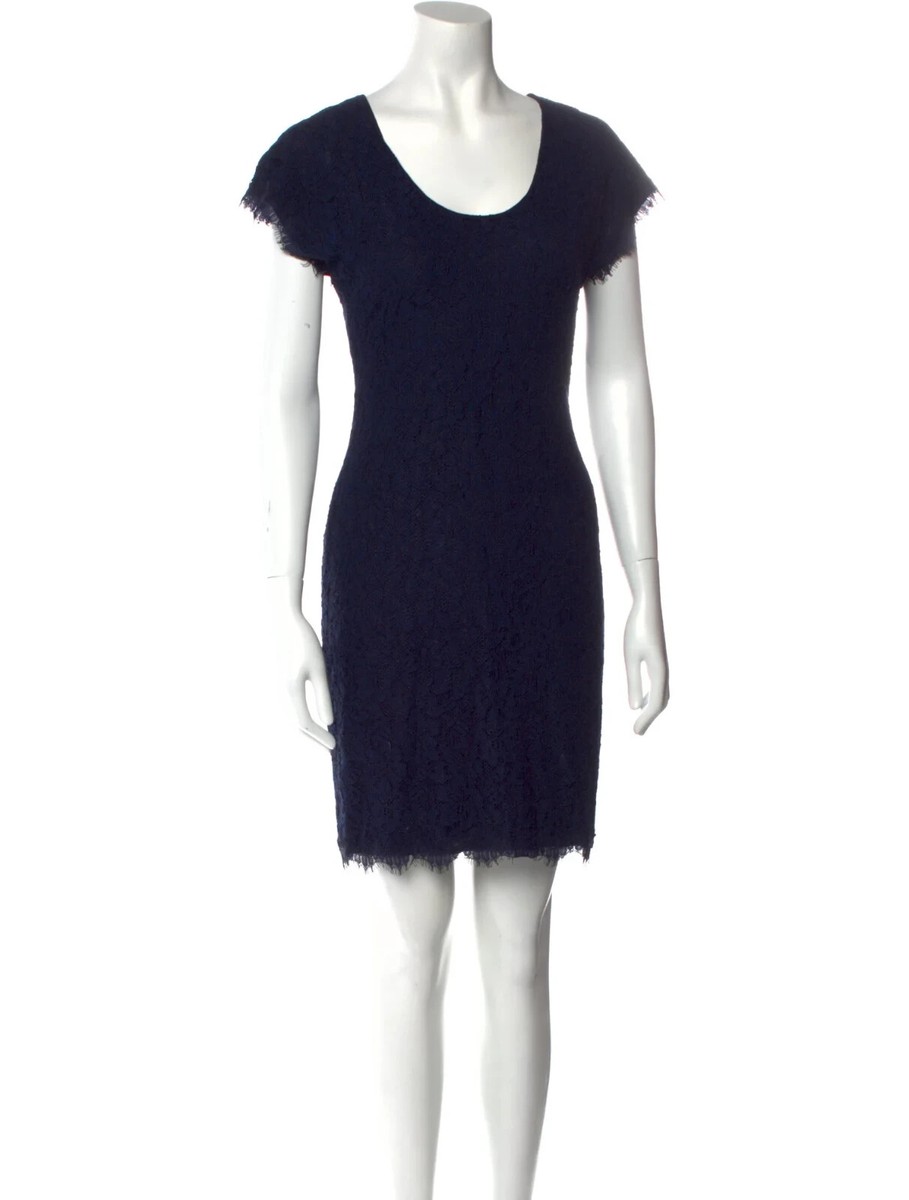 Diane Von Furstenberg Mini Dress Navy Blue Lace Scoop Neck Women's 0