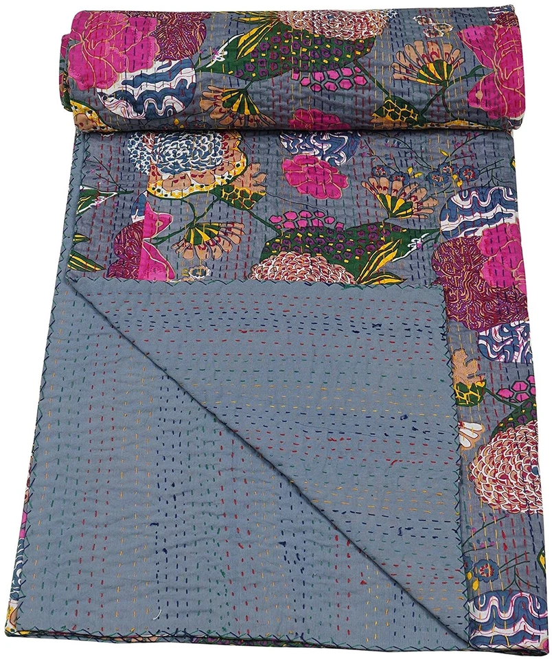 Colcha edredón Kantha con estampado de frutas gris reina hecha a mano manta funda de cama Foto 2 de 4