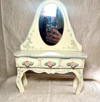 Vanity W/ Pink Rose Embellishments Three Drawer Trinket Box 