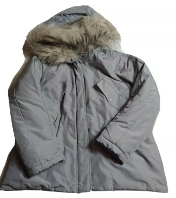 H&M H M HM Woman's Faux Fur Hooded Coat gray medium