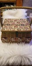 VTG Sewing Basket Wicker Floral Green with Handle 13"x10"x 8" Made In Japan.