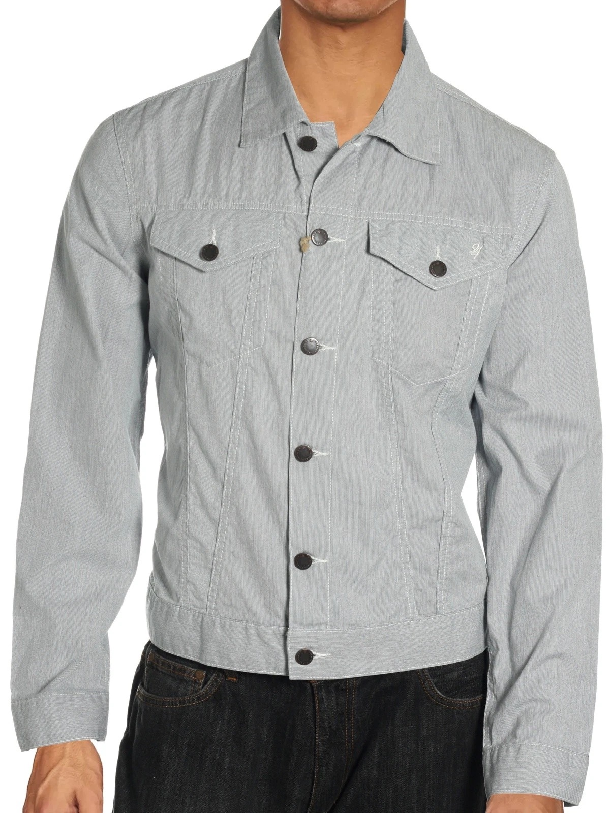 24 Standard Mens Short Jacket L Blue Summer Jean 100% Cotton Button Front Casual