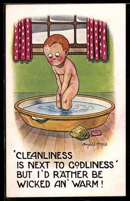 Künstler-AK Donald McGill: Kind steht in einer Badewanne 