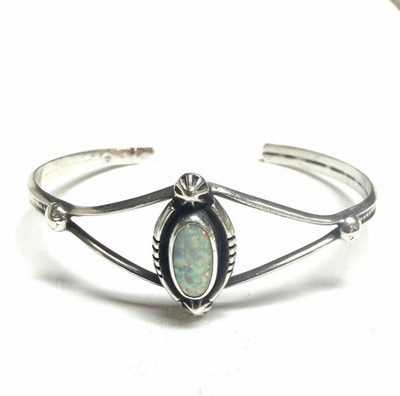 Navajo Running Bear Sterling Silver Opal Cuff Bracelet 6.5 