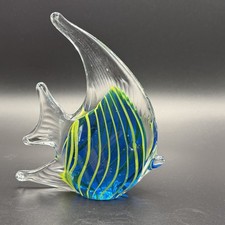 Angel Fish Art Glass Paperweight Figurine Decor Blue Yellow Murano Style