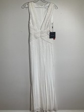 Mac Duggal Sz 2 White V-Neck Sequin Wrap Waist Gown Wedding White Party Dress