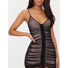 Pretty little thing size 10 black pink sheer bodycon ruched sexy mini dress