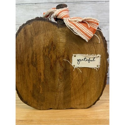 Mud Pie Wooden Pumpkin Decor with Orange Bow and 'grateful' Tag
