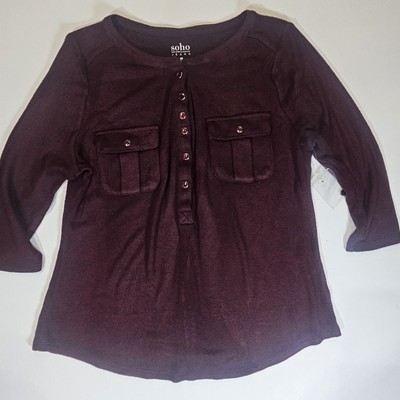 New York & Company Soho Blouse Womens Small Maroon 1/4 Button Pocketed Casual