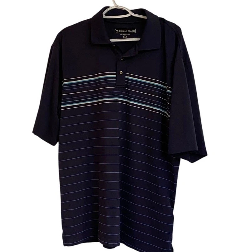 Pebble Beach Performance Golf Polo Sz L Navy Blue Stripe - Image 3 of 4