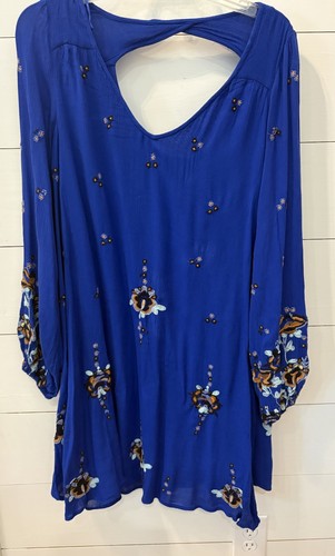Free People Oxford Embroidered Mini Swing Dress Small Blue