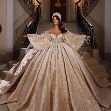Luxuriou Embroidery Beaded V-neck Wedding Dress Sequined Off Shoulder BridalGown