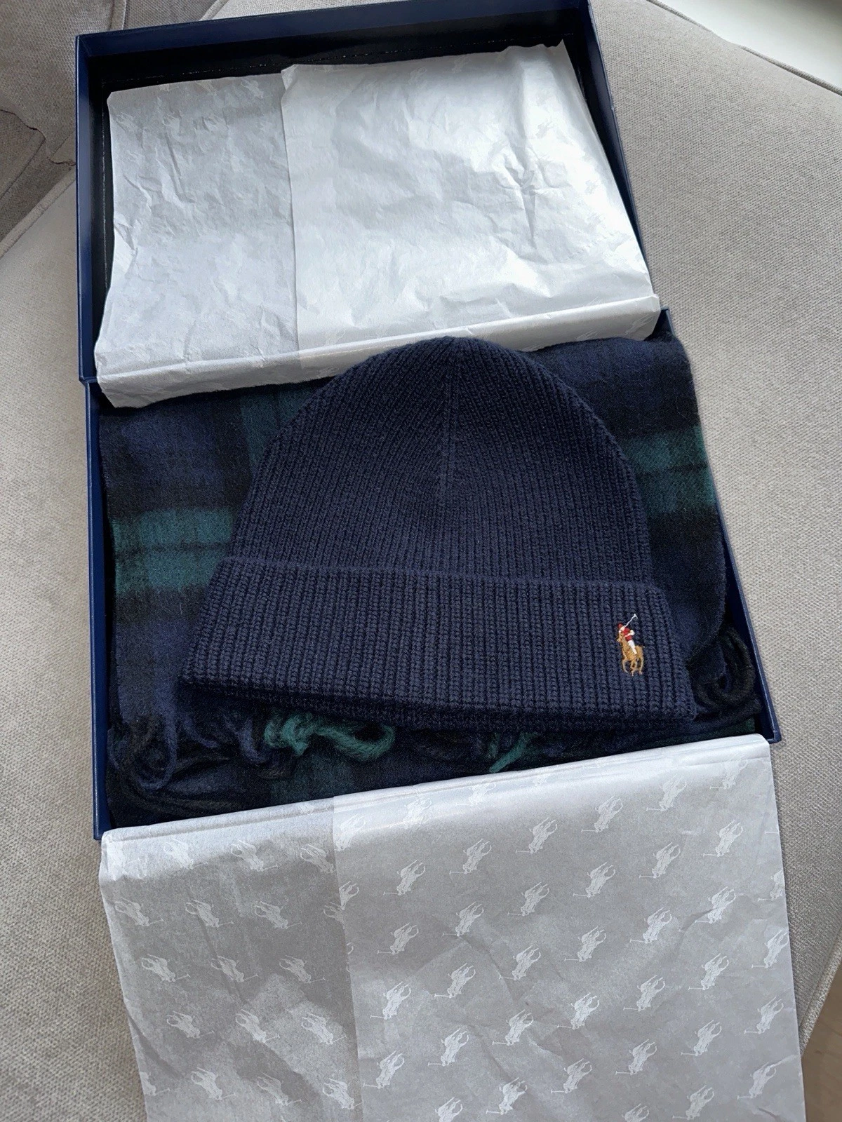 Polo Ralph Lauren Beanie & Plaid Scarf Gift Set wool men’s new genuine with tag