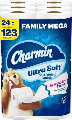 24 Mega Rolls Ultra Soft 2-Ply Toilet Paper, Cushiony & Absorbent