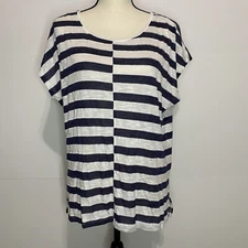 Vince Camuto Size M Semi-Sheer Striped Boxy Top Side Slits Sleeveless Navy 
